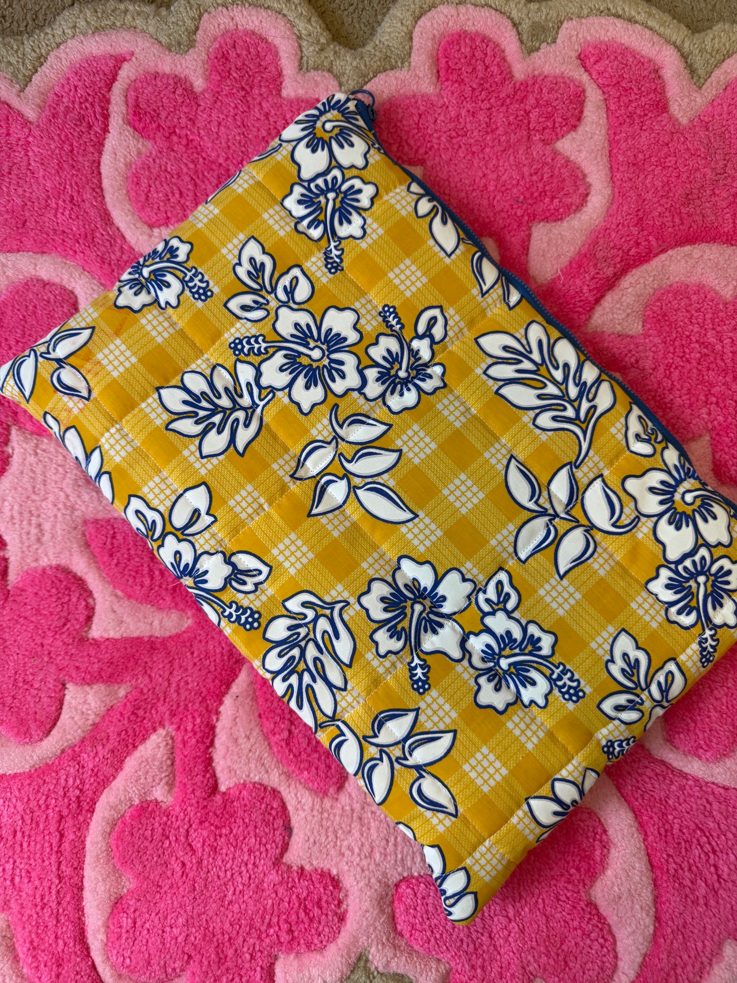 Blue and yellow quilted pouch